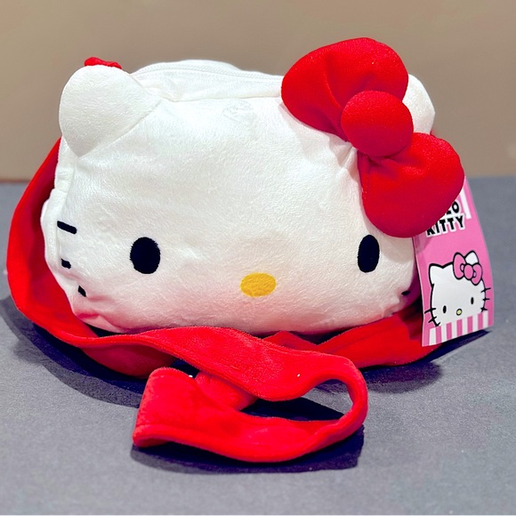 Hello Kitty Plush Red Bow 9in Head Cross Body Bag with Furry Red Strap - Picture 1 of 8
